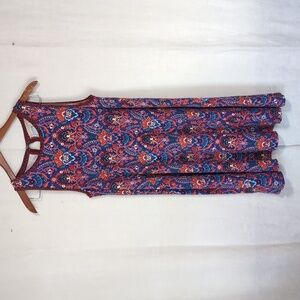 Loft Blue Red Ornate Jersey Sleeveless Shift Dress Size Medium
